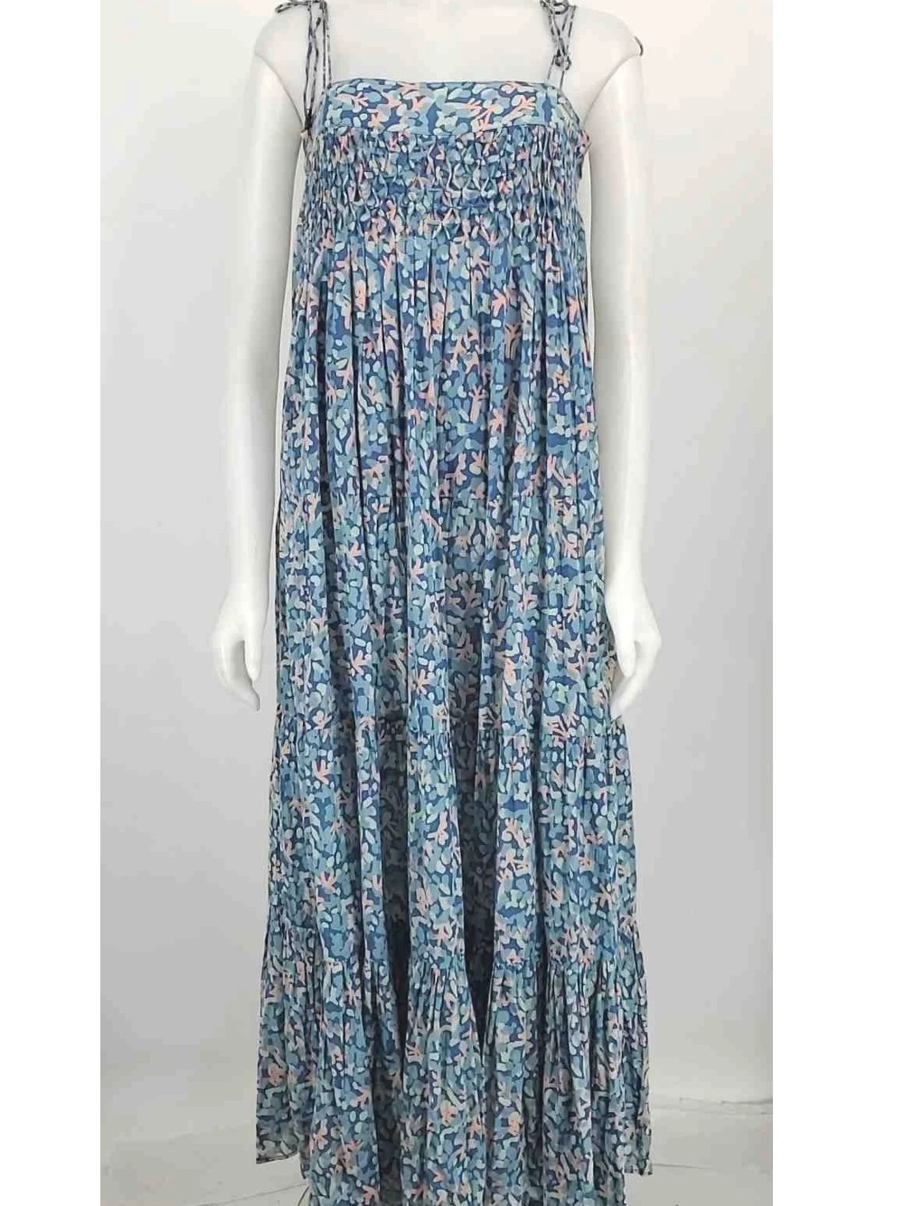 Smocked Blue Floral Maxi Skirt with Adjustable Straps
